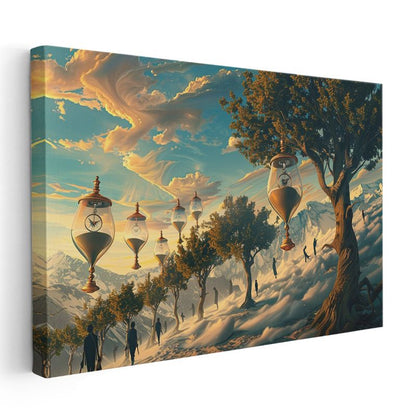 Zamanın Ağaçları - Bulutlar Üzerinde Asılı Kum Saatleri Kanvas Tablo