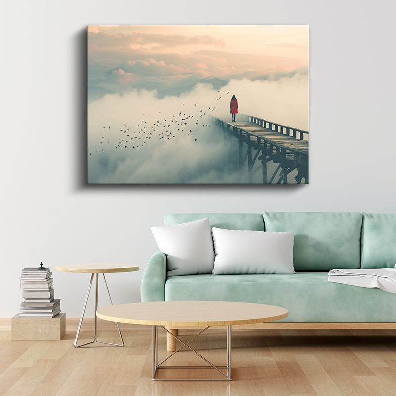 Sis Yolcusu - Bulutların Üzerinde Yürüyen Kırmızılı Figür Kanvas Tablo