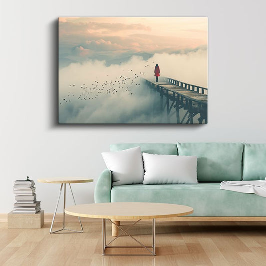 Sis Yolcusu - Bulutların Üzerinde Yürüyen Kırmızılı Figür Kanvas Tablo