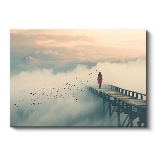 Sis Yolcusu - Bulutların Üzerinde Yürüyen Kırmızılı Figür Kanvas Tablo