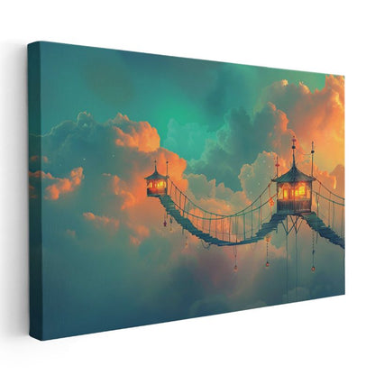 Gökyüzü Kulübeleri - Bulutlar Arasında Asılı Köprülü Evler Kanvas Tablo