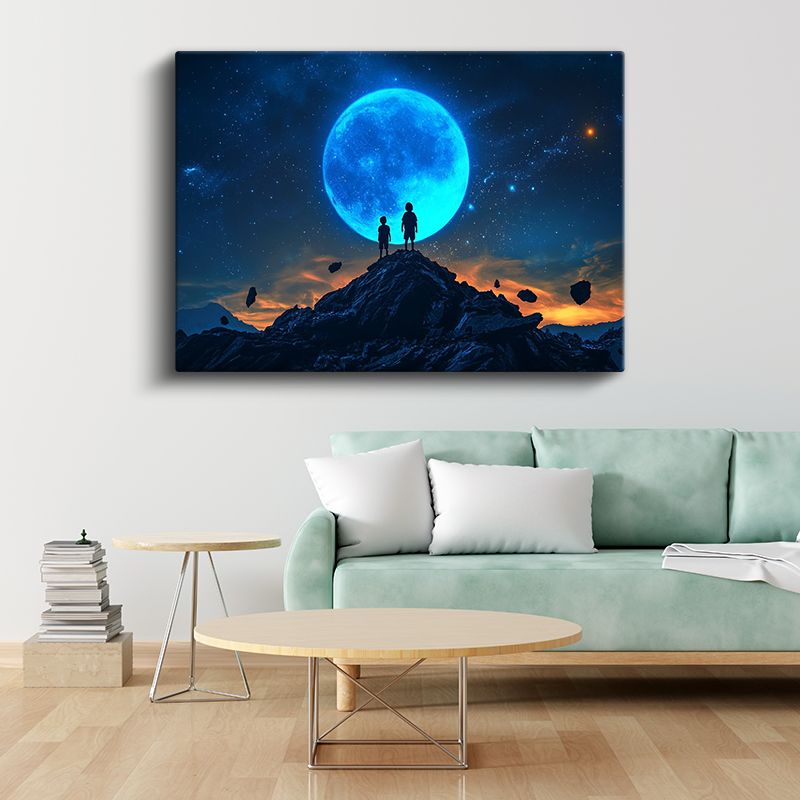 Kozmik Buluşma - Mavi Ayın Büyüsüne Kapılan Çocuklar Kanvas Tablo