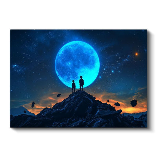 Kozmik Buluşma - Mavi Ayın Büyüsüne Kapılan Çocuklar Kanvas Tablo