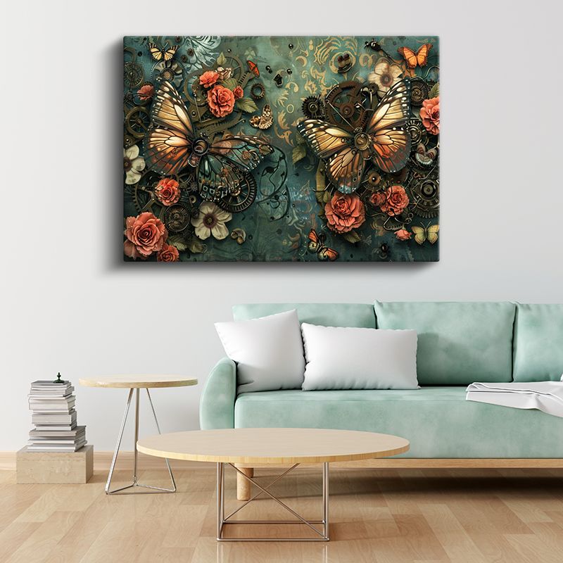 Mekanik Kelebekler - Çarklar ve Çiçekler Arasında Dans Kanvas Tablo