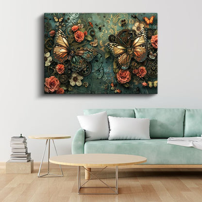 Mekanik Kelebekler - Çarklar ve Çiçekler Arasında Dans Kanvas Tablo