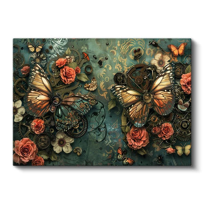 Mekanik Kelebekler - Çarklar ve Çiçekler Arasında Dans Kanvas Tablo