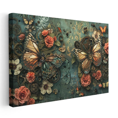 Mekanik Kelebekler - Çarklar ve Çiçekler Arasında Dans Kanvas Tablo