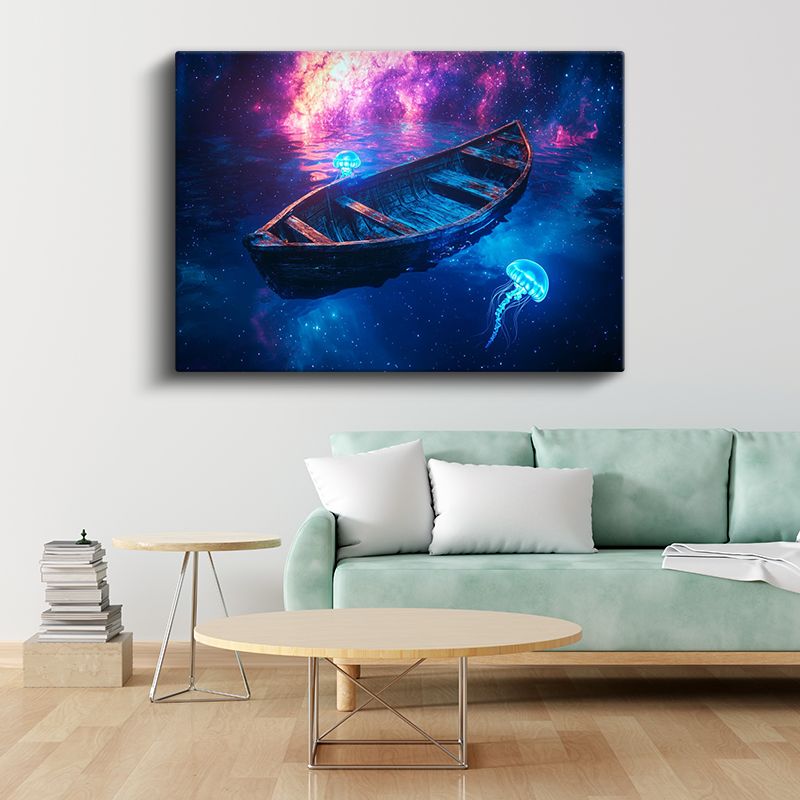 Kozmik Deniz - Yıldızlar Arasında Süzülen Tekne Kanvas Tablo