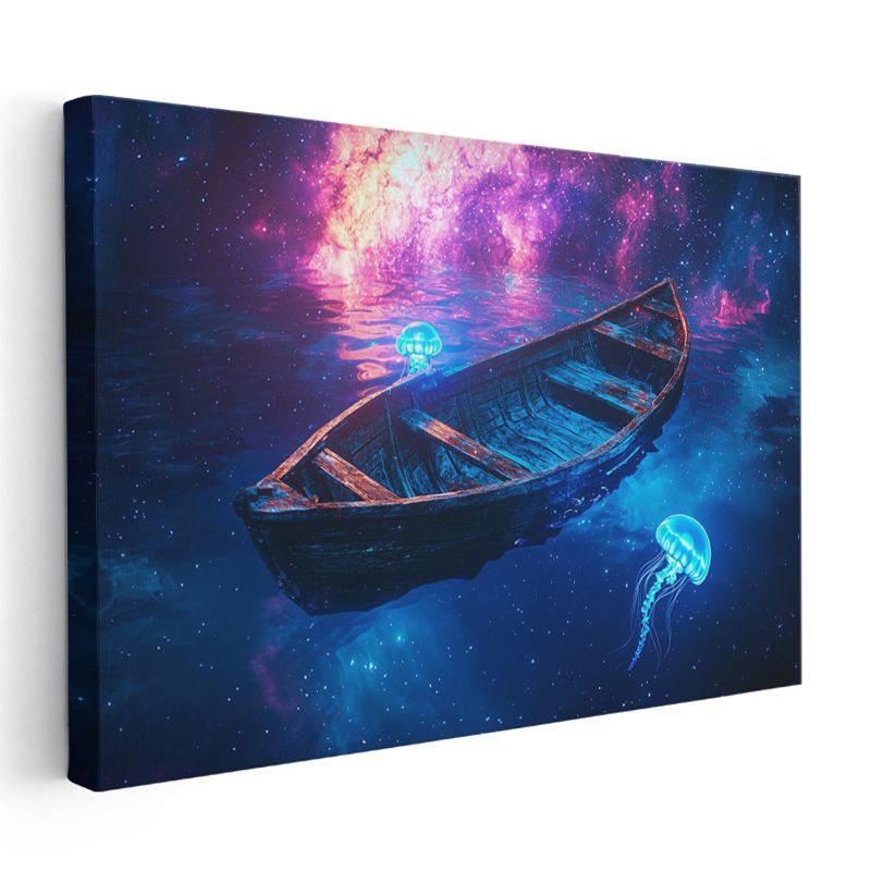 Kozmik Deniz - Yıldızlar Arasında Süzülen Tekne Kanvas Tablo