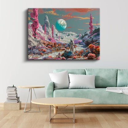 Kozmik Kaşif - Renkli Uzay Bahçesinde Yalnız Astronot Kanvas Tablo