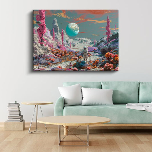 Kozmik Kaşif - Renkli Uzay Bahçesinde Yalnız Astronot Kanvas Tablo