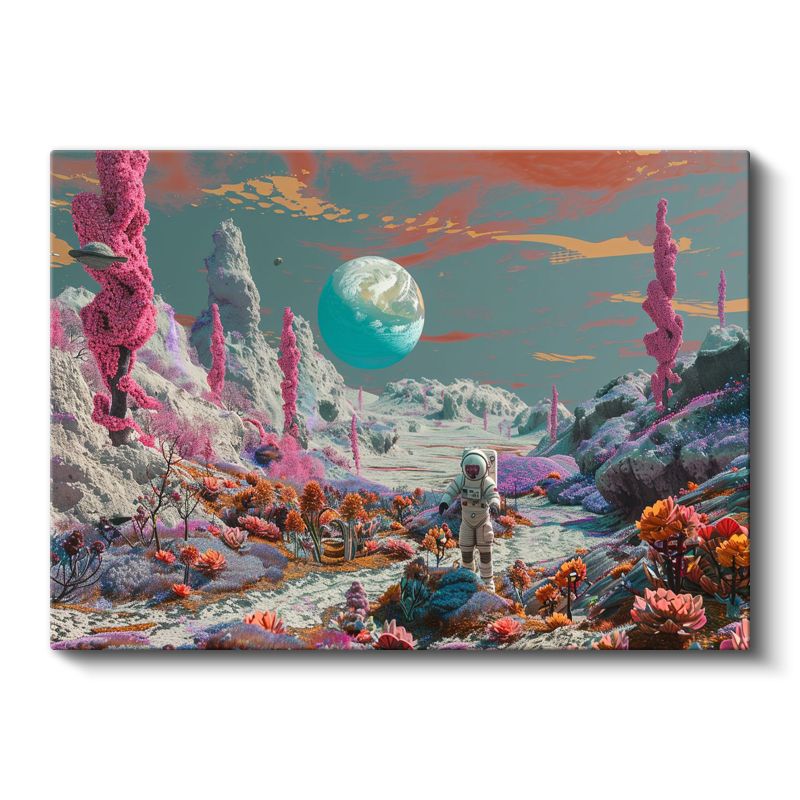 Kozmik Kaşif - Renkli Uzay Bahçesinde Yalnız Astronot Kanvas Tablo