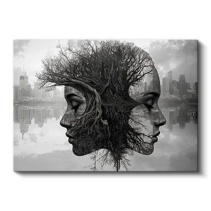 Düşünce İkizleri - Kökleri Birleşen Zıt Yüzler Kanvas Tablo