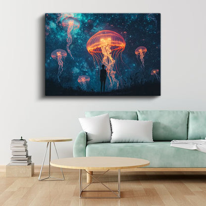 Kozmik Denizaltı - Işıklı Denizanalarının Dansı Kanvas Tablo