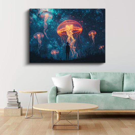 Kozmik Denizaltı - Işıklı Denizanalarının Dansı Kanvas Tablo