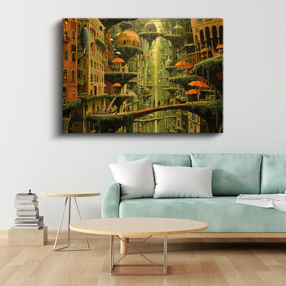 Dikey Şehir - Şelaleler ve Turuncu Şemsiyeler Labirenti Kanvas Tablo