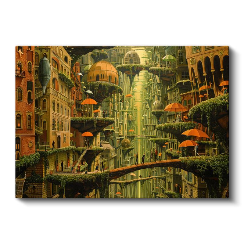 Dikey Şehir - Şelaleler ve Turuncu Şemsiyeler Labirenti Kanvas Tablo