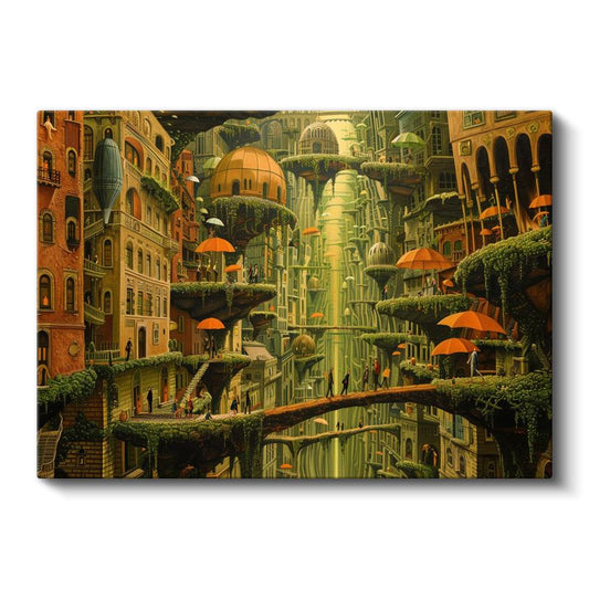 Dikey Şehir - Şelaleler ve Turuncu Şemsiyeler Labirenti Kanvas Tablo