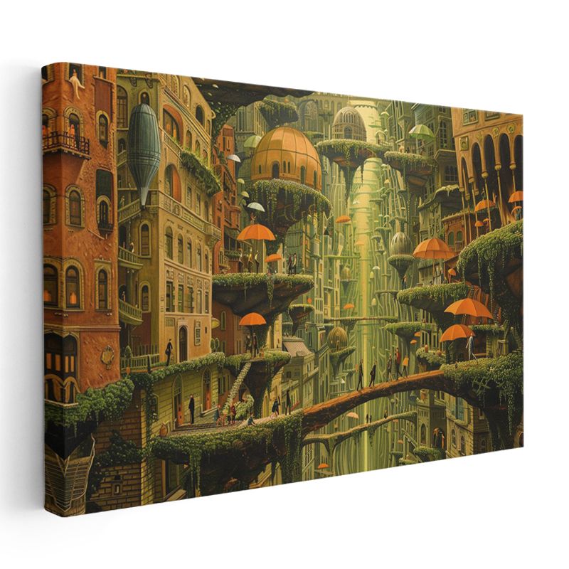 Dikey Şehir - Şelaleler ve Turuncu Şemsiyeler Labirenti Kanvas Tablo