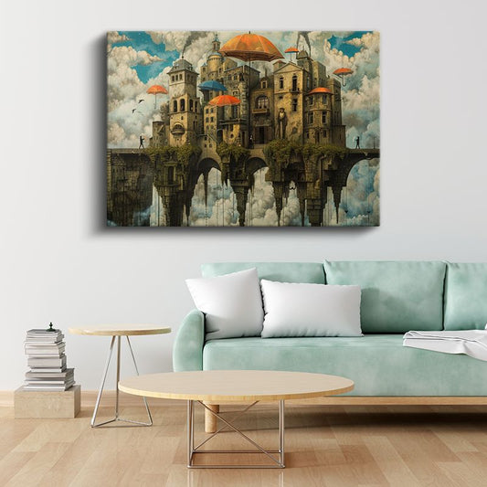 Havada Asılı Şehir - Şemsiyelerle Korunan Fantastik Mimari Kanvas Tablo