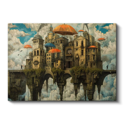 Havada Asılı Şehir - Şemsiyelerle Korunan Fantastik Mimari Kanvas Tablo