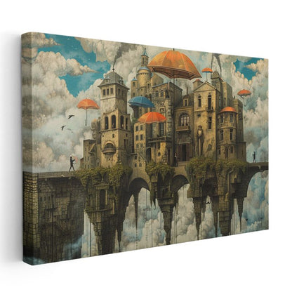 Havada Asılı Şehir - Şemsiyelerle Korunan Fantastik Mimari Kanvas Tablo