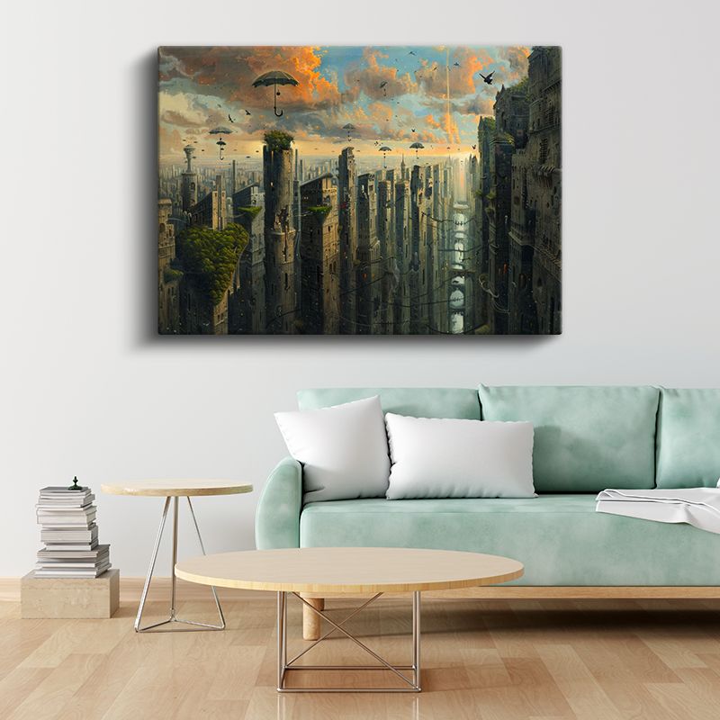 Dikey Metropolis - Gökyüzünde Süzülen Şemsiyeler Kanvas Tablo