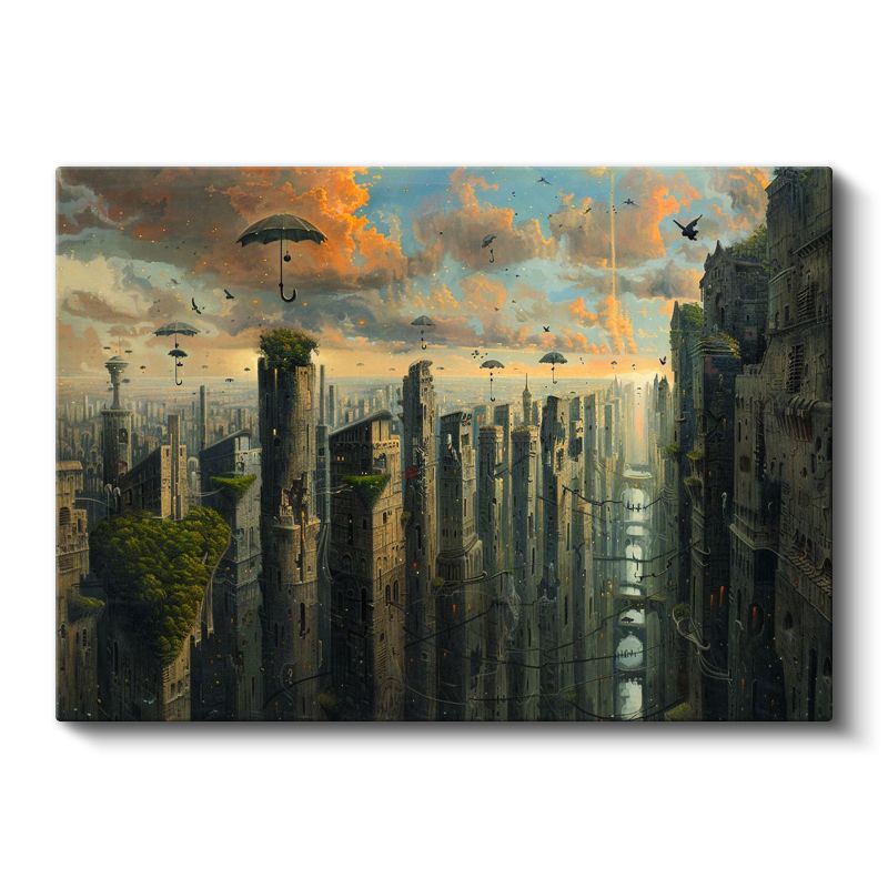 Dikey Metropolis - Gökyüzünde Süzülen Şemsiyeler Kanvas Tablo