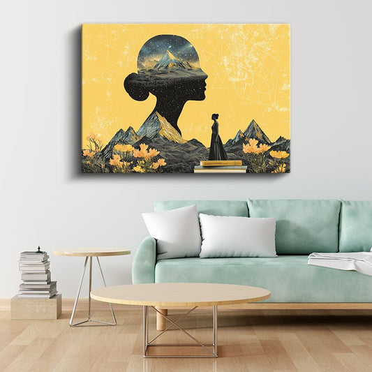 Kozmik Düşünce - Zihninde Dağlar Taşıyan Silüet Kanvas Tablo