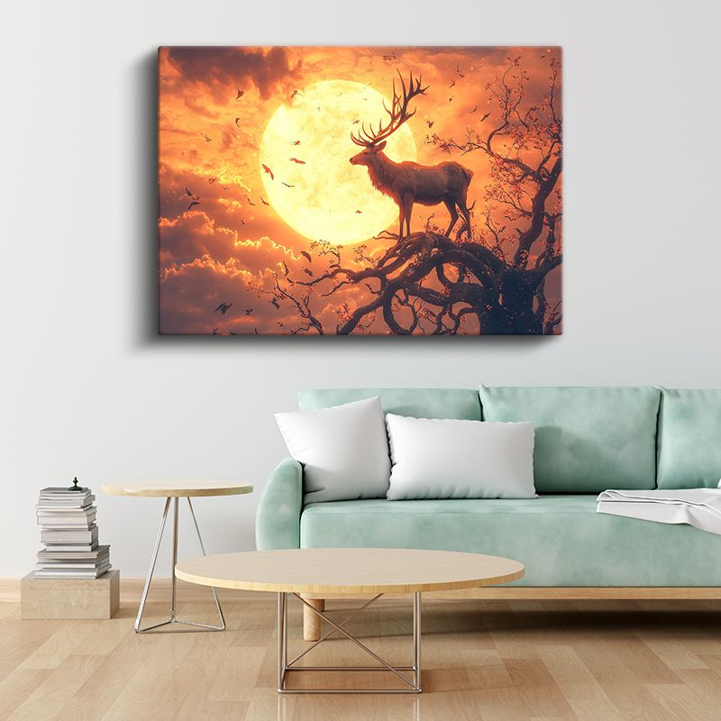 Ay Işığı Bekçisi - Dalda Duran Görkemli Geyik Kanvas Tablo