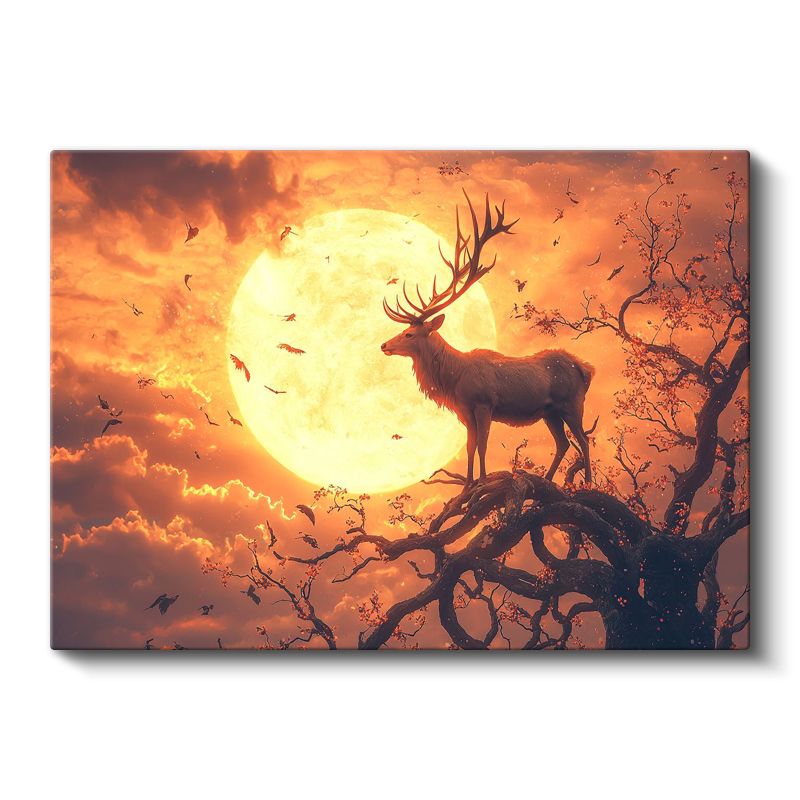 Ay Işığı Bekçisi - Dalda Duran Görkemli Geyik Kanvas Tablo