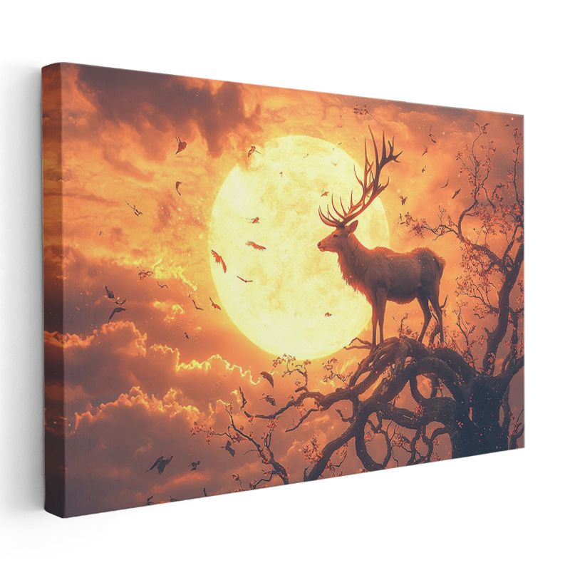 Ay Işığı Bekçisi - Dalda Duran Görkemli Geyik Kanvas Tablo