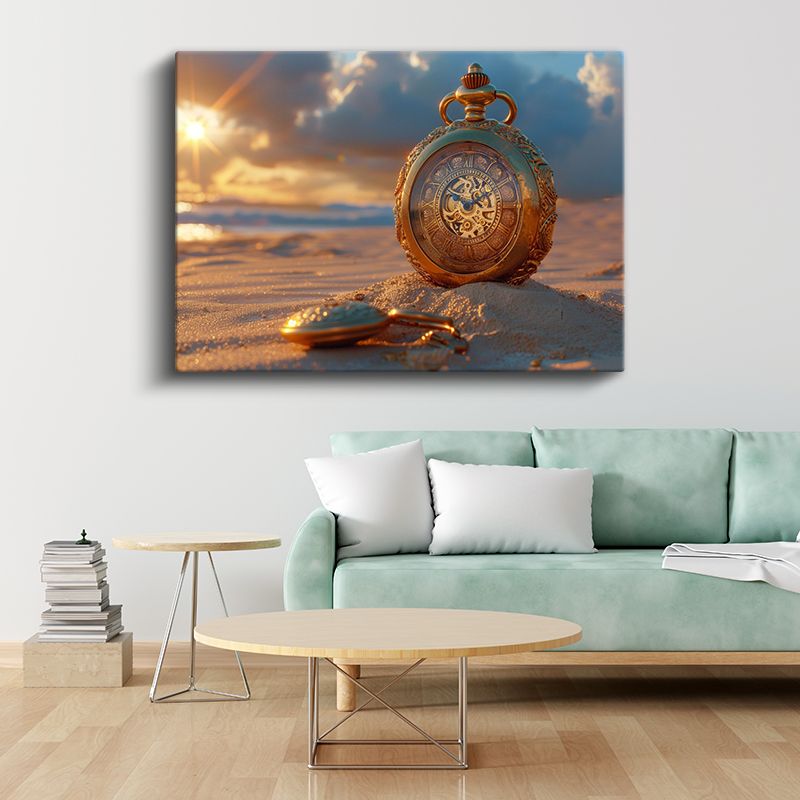 Zamanın Kıyısı - Kumda Parlayan Antika Saat Kanvas Tablo