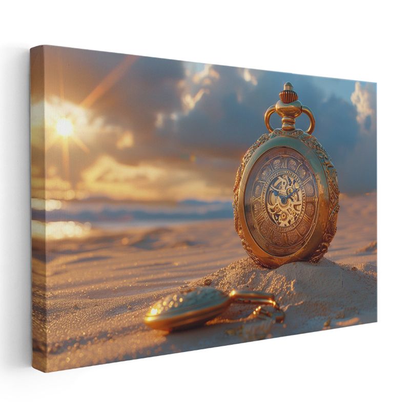 Zamanın Kıyısı - Kumda Parlayan Antika Saat Kanvas Tablo