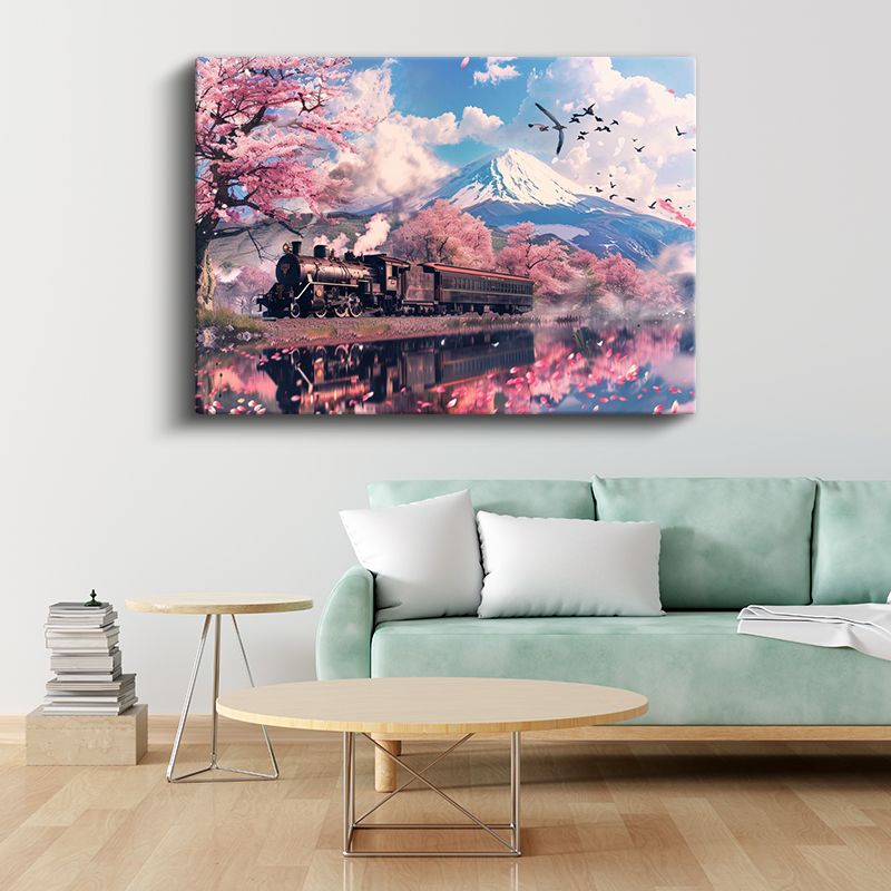 Kiraz Çiçekli Yolculuk - Dağ Eteklerinde İlerleyen Nostaljik Tren Kanvas Tablo