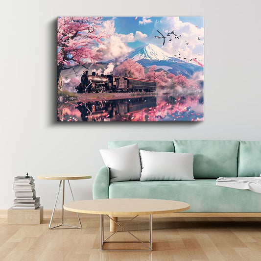 Kiraz Çiçekli Yolculuk - Dağ Eteklerinde İlerleyen Nostaljik Tren Kanvas Tablo