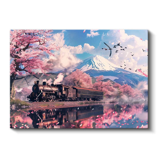 Kiraz Çiçekli Yolculuk - Dağ Eteklerinde İlerleyen Nostaljik Tren Kanvas Tablo