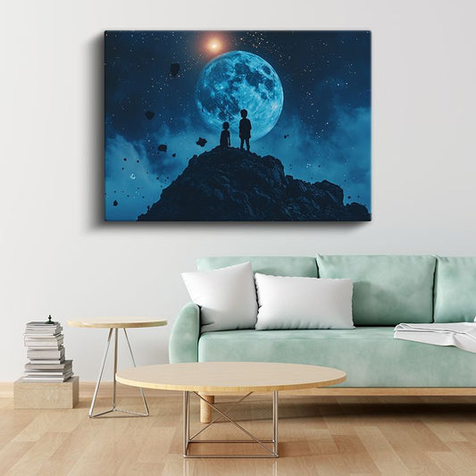 Ay Işığı Yolcuları - Kozmik Manzarada Duran İki Siluet Kanvas Tablo