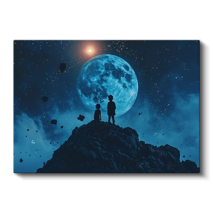 Ay Işığı Yolcuları - Kozmik Manzarada Duran İki Siluet Kanvas Tablo