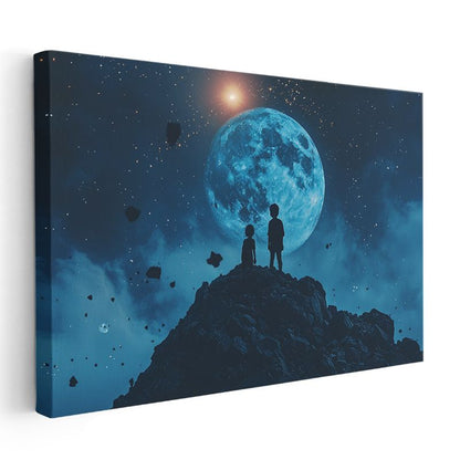 Ay Işığı Yolcuları - Kozmik Manzarada Duran İki Siluet Kanvas Tablo