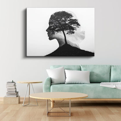 Zihin Ağacı - İnsan Profilinde Büyüyen Düşünce Dalları Kanvas Tablo