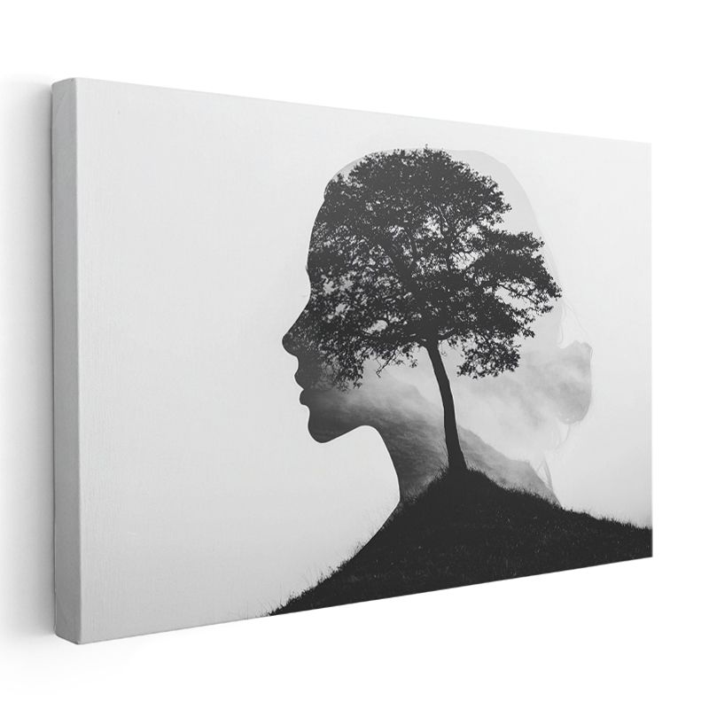 Zihin Ağacı - İnsan Profilinde Büyüyen Düşünce Dalları Kanvas Tablo