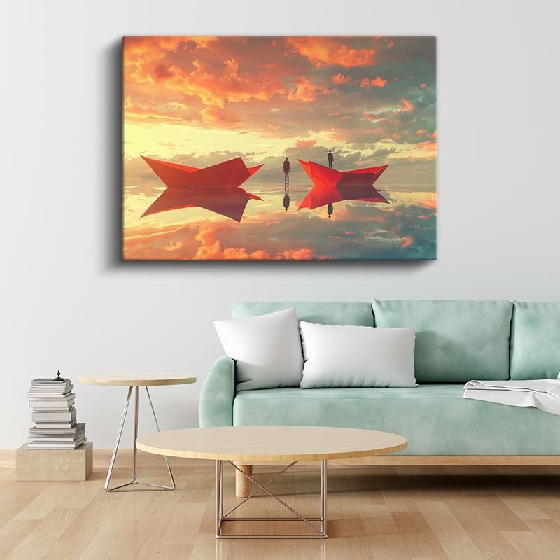 Yansımalar Dünyası - Kırmızı Kayıklarda Yolculuk Eden Siluetler Kanvas Tablo