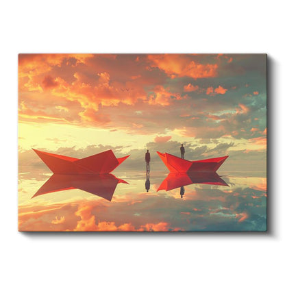 Yansımalar Dünyası - Kırmızı Kayıklarda Yolculuk Eden Siluetler Kanvas Tablo