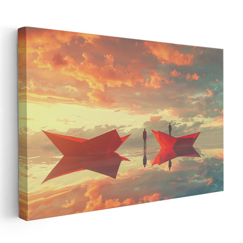 Yansımalar Dünyası - Kırmızı Kayıklarda Yolculuk Eden Siluetler Kanvas Tablo