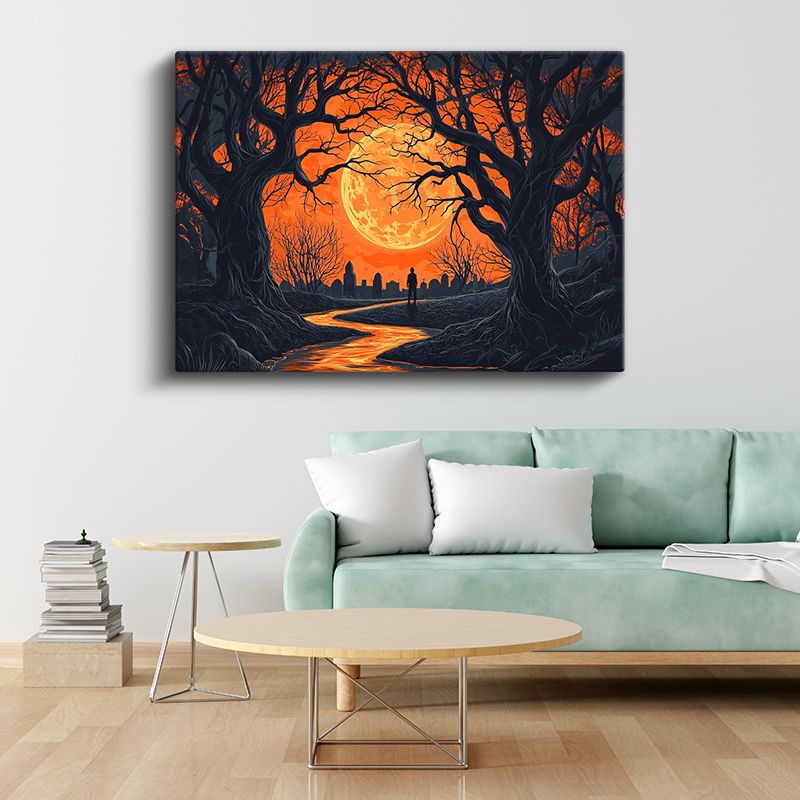 Ay Kapısı - Karanlık Ağaçlar Arasından Görünen Yalnız Yolcu Kanvas Tablo