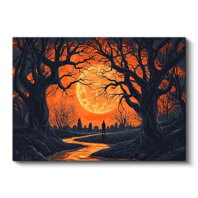 Ay Kapısı - Karanlık Ağaçlar Arasından Görünen Yalnız Yolcu Kanvas Tablo