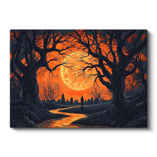 Ay Kapısı - Karanlık Ağaçlar Arasından Görünen Yalnız Yolcu Kanvas Tablo