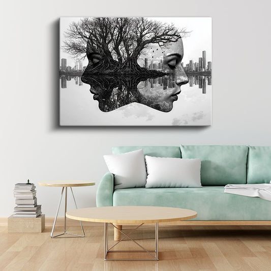 Zihin Ormanı - İnsan Yüzleri ve Ağaç Dallarının Birleştiği Şehir Manzarası Kanvas Tablo