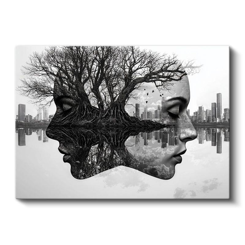 Zihin Ormanı - İnsan Yüzleri ve Ağaç Dallarının Birleştiği Şehir Manzarası Kanvas Tablo